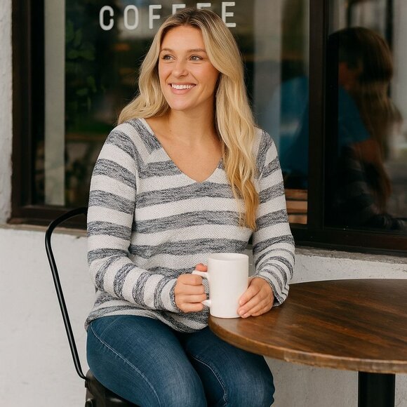 Sanctuary V-Neck Knit Black White Stripe Lightweight Top Coastal Capsule M - Picture 1 of 10